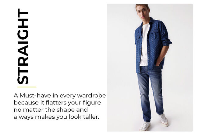 man in dark-grey blue straight cut jeans