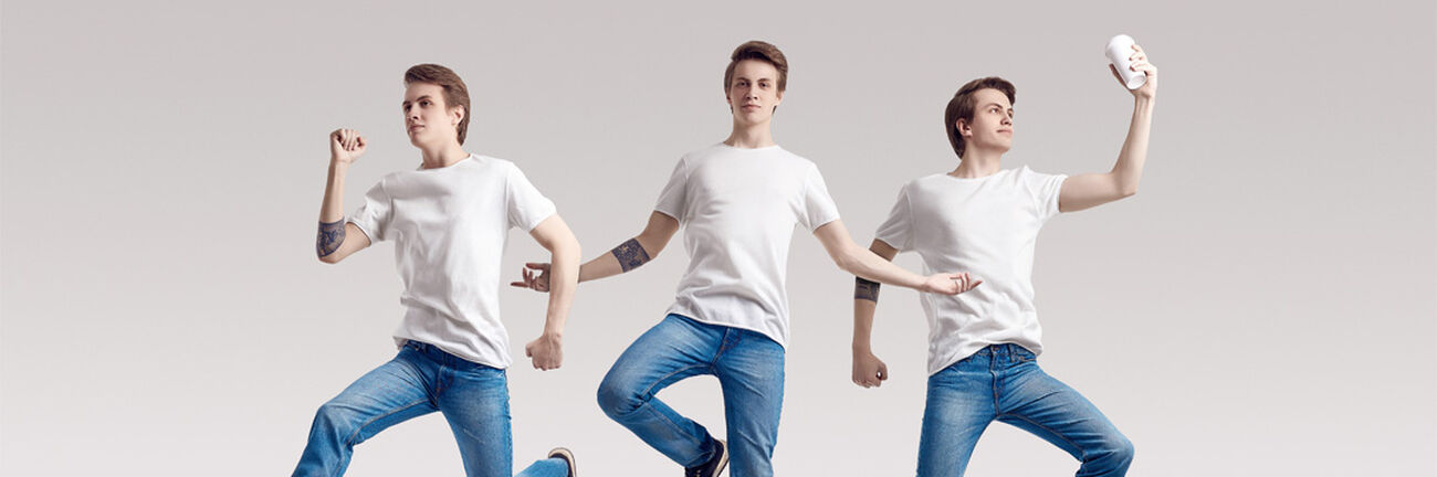 man in denim jeans doing 3 types of actions