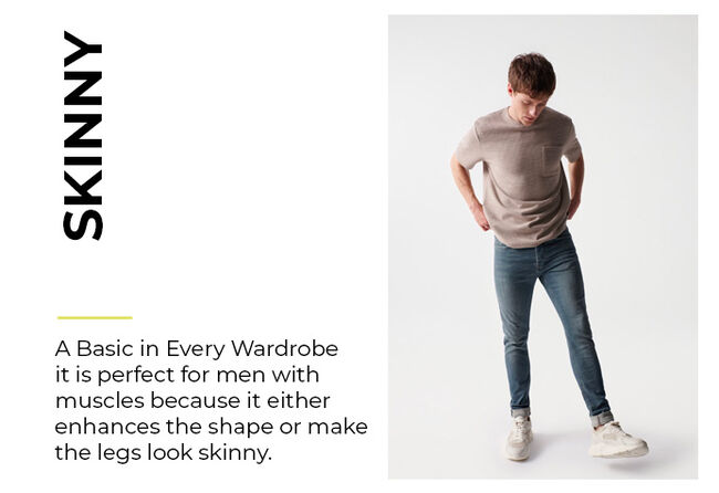 man in medium-dark blue skinny jeans