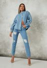 Missguided - Blue Blue Grandad Collar Denim Shirt Missguided - Blue Blue Grandad Collar Denim Shirt