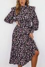 Missguided - Black Floral Shoulder Pad Midi Dress Missguided - Black Floral Shoulder Pad Midi Dress