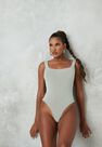 Missguided - Green Sage Scoop Neck Sheer Low Back Bodysuit Missguided - Green Sage Scoop Neck Sheer Low Back Bodysuit