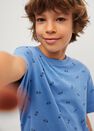 Mango - Medium Blue Boats Printed Cotton T-Shirt, Kids Boy Mango - Medium Blue Boats Printed Cotton T-Shirt, Kids Boy