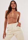 Missguided - Camel Tan Button Front Long Sleeve Crop Top Missguided - Camel Tan Button Front Long Sleeve Crop Top